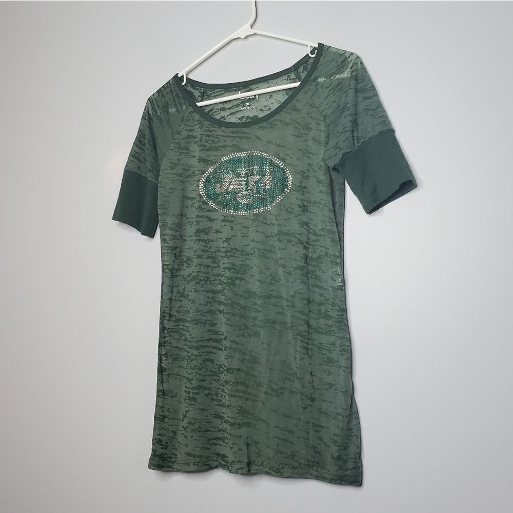 New York Jets Sheer T Shirt XL Green Rhinestone Embellished NFL Football